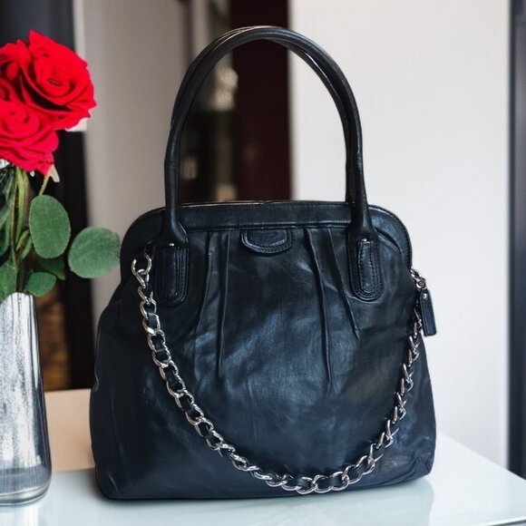 Banana Republic Black Lamb Leather Tote Bag with Chain Detail – EUC - Picture 1 of 15